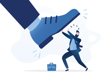 Big foot stepping on businessman or employee. Male manager fights against psychological pressure. Mental problems, stress. Domination, power, concept. Cartoon male character.