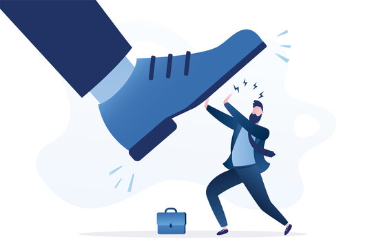 Big foot stepping on businessman or employee. Male manager fights against psychological pressure. Mental problems, stress. Domination, power, concept. Cartoon male character.