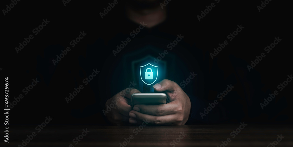 Poster shield lock button and personal information icons appeared while man's finger touching on smart mobi