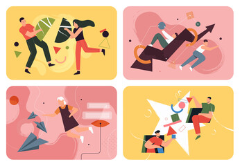 People connect abstract geometric shapes vector illustration set. Cartoon team of man woman characters carry colorful circle square figures together, partners work with geometry chaos background