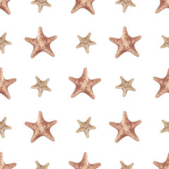 Watercolor seamless pattern with vintage red starfishes isolated on white background. Marine collection.
