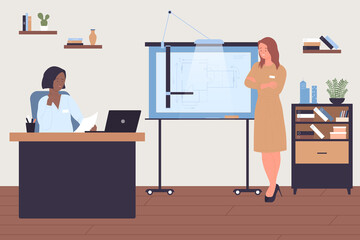 Construction planning and building project development. Team of professional architects talking about paper blueprint presentation on easel flat vector illustration. Architecture, profession concept