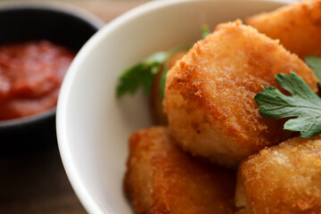 fried crumbed appetizers. Potato tots or tater tots. With crumbed chicken nuggets and bitterballen 