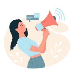 Public relations female manager using loudspeaker. Communication officer and promoting campaign flat vector illustration