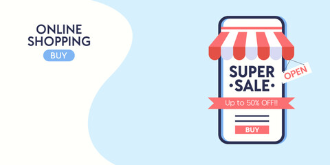 Modern mobile phone online shopping discount store sale banner background illustration template. Digital app promo marketing E-commerce concept.	