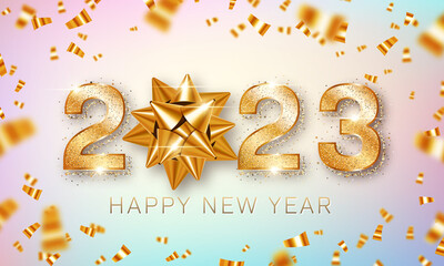2023 New Year card template with golden gift ribbon and confetti
