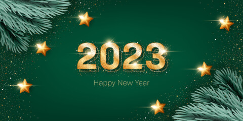 2023 New Year card template with golden glittering numbers and pine branches on green background