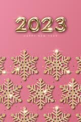 2023 New Year card template with decorative snowflakes and glittering 3d numbers on pink background