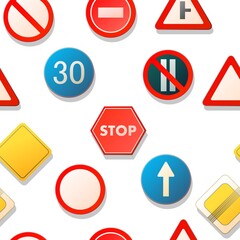 Road signs. Isolated on white background. Auto traffic seamless pattern. Specify and limit. Top view from above. Cartoon funny style. Flat design. illustration vector