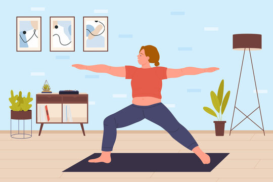 Woman doing yoga training at home. Daily exercising pose and healthy sport activity flat vector illustration