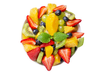 bowl of fruit salad on white background, top view