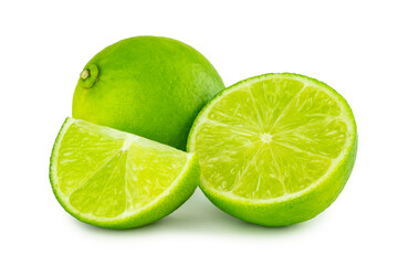 Lime citrus, seedless lime, fruits in whole and cut crosswise in half and wedge isolated on white background, cutout. - obrazy, fototapety, plakaty