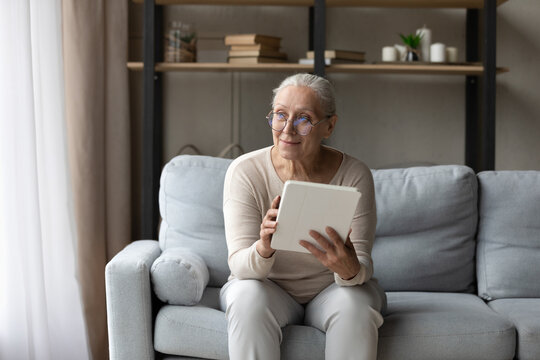 Older generation buy goods remotely, use electronic service, make order concept. Granny in glasses sit on sofa with digital tablet in hands smile staring aside looks satisfied enjoy modern tech usage