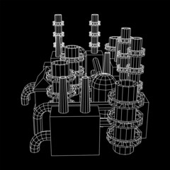 Industrial building factorie facilitie power plant with chimneys. Wireframe low poly mesh vector illustration.