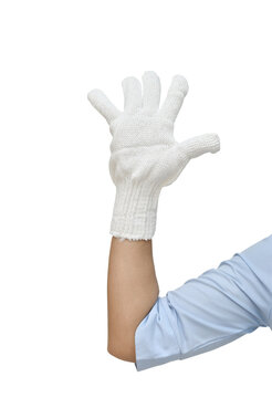 woman hand wearing cotton fabric gloves isolated on white background.