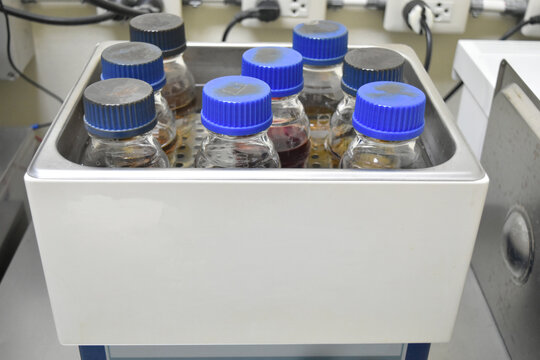 Agar for inoculum in Bottle on water bath at laboratory.