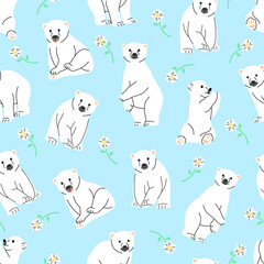 CUTE POLAR BEAR IN SOME DIFFERENT MOVES IN BLUE BACKGROUND AND FLOWERS FLAT SEAMLESS PATTERN DESIGN.