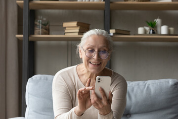 Senior grey-haired woman in glasses holds smartphone, read received message smiles texting answer lead remote communication use messenger sit on couch at home. Older generation use modern tech concept