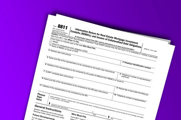 Form 8811 documentation published IRS USA 09.18.2013. American tax document on colored