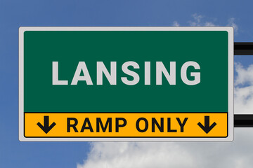 Lansing logo. Lansing lettering on a road sign. Signpost at entrance to Lansing, USA. Green pointer in American style. Road sign in the United States of America. Sky in background