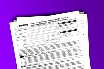 Fototapeta premium Form 943-X (PR) documentation published IRS USA 03.30.2021. American tax document on colored