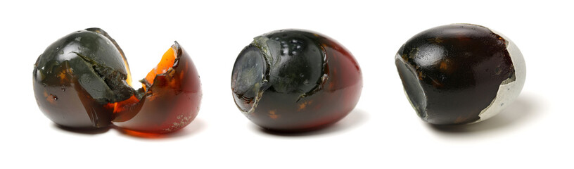 preserved duck eggs on white background 
