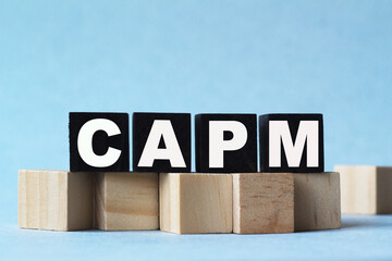 Word capm. Wooden small cubes with letters isolated on white background with copy space available.Business Concept image.