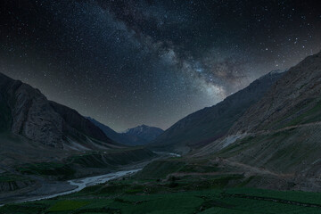 Obraz na płótnie Canvas Milky way over Himalayas seen from Mud village,Spiti Valley, Himachal Pradesh, India