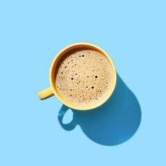 Top view of a cup of coffee on blue pastel background