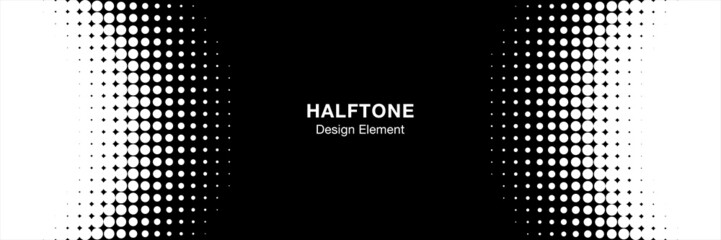 White halftone circle frame horizontal background. Black circular border using halftone dots texture. Vector illustration.