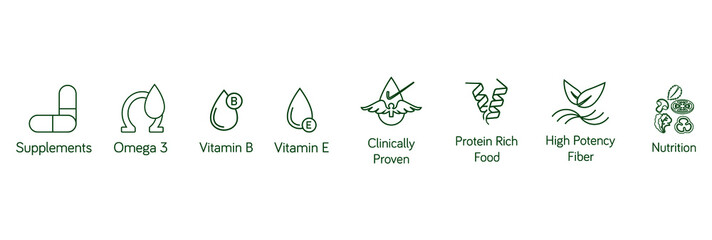 food quality line icon set supplements, omega3, vitamin b, e, clinically proven, protein-rich, high potency fiber, nutrition