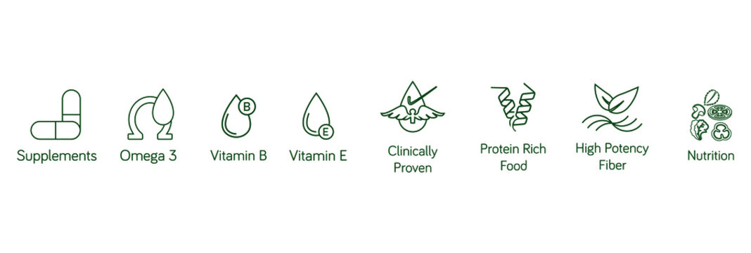 Food Quality Line Icon Set Supplements, Omega3, Vitamin B, E, Clinically Proven, Protein-rich, High Potency Fiber, Nutrition