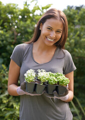 The birth of a beautiful garden. Cropped shot of a young woman holding a six pack of seedlings.