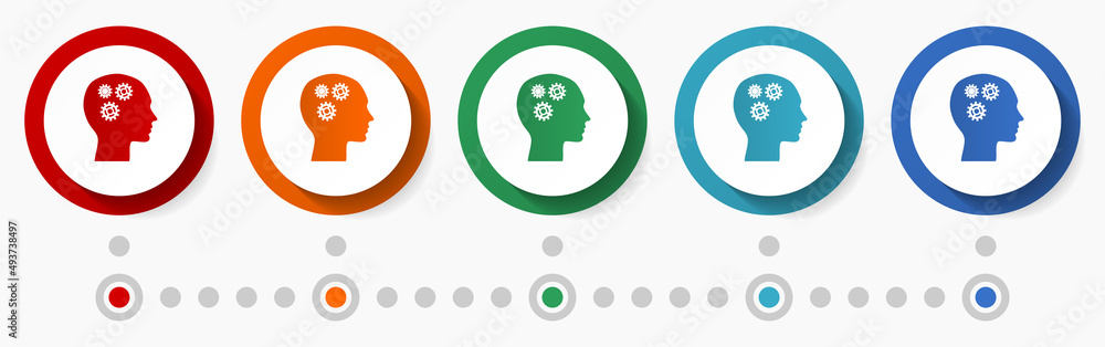 Aufkleber Human head, creativity concept vector icon set, flat design colorful buttons, infographic template in 5 color options