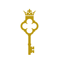 Golden key with crown icon isolated on white background