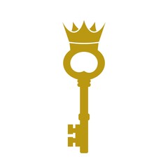 Golden key with crown icon isolated on white background
