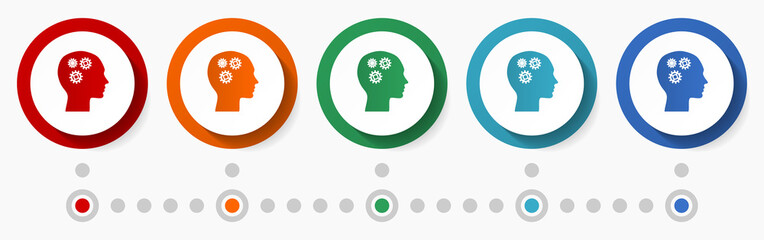 Human head, creativity concept vector icon set, flat design colorful buttons, infographic template in 5 color options