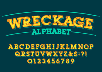 Wreckage alphabet font. Damaged letters and numbers. Stock vector typescript for your typography design.