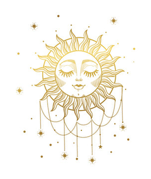 A beautiful bohemian golden sun with a face and closed eyes, adorned with jewels, stars and beads. Hand drawn vintage tattoo. Celestial symbol for tarot cards and astrology. Vector illustration