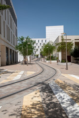 Msheireb, Qatar - March 19, 2022: Building Architecture of Mushreib Downtown. Tram on track