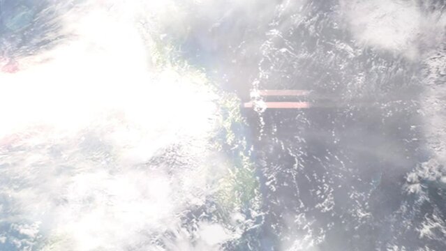 Earth zoom in from outer space to city. Zooming on Ormoc, Leyte, Philippines. The animation continues by zoom out through clouds and atmosphere into space. Images from NASA