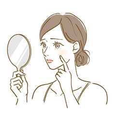 鏡を持って悩む女性のイラスト　スキンケア