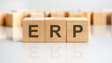 ERP - letters on wooden cubes. business as usual concept image. front view