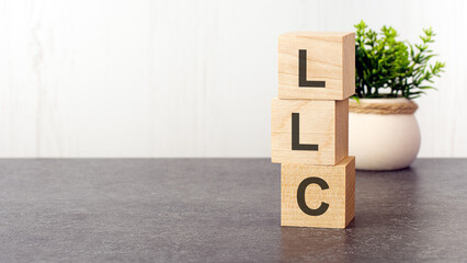 letters of the alphabet of LLC on wooden cubes, green plant, white background