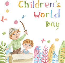 Happy childrens day watercolor illustration boys playing pirates