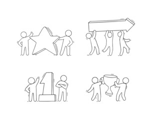 Sketch of working little people with victory symbols.