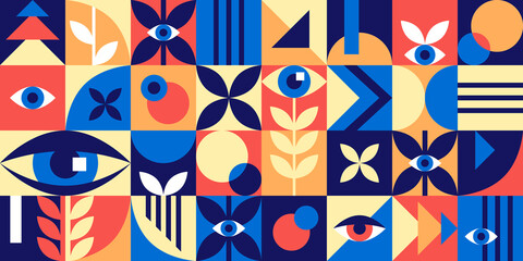 Bauhaus geometric abstract elements with eyes and simple forms. Modern style shapes, minimalistic retro design for poster, cards, book, certificate. Hipster 20s trend collage, vector illustration
