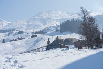 Fototapeta na wymiar Welcome to high alpine snow capital, Winter in the Saas Valley, Activities for young and old, snow sports enthusiasts, adventurers, pleasure-seekers and all those who appreciate and love nature.