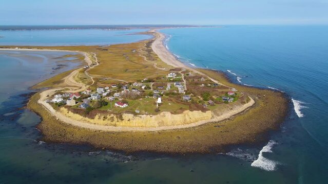 Gurnet Lighthouse and village of Gurnet Point aerial view in fall at the Plymouth Bay in Plymouth, Massachusetts MA, USA. 