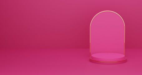 Abstract 3D pink golden out line realistic 3d cylinder stand podium in arch . JPEG  abstract studio room with geometric platform. Minimal wall scene for products showcase
